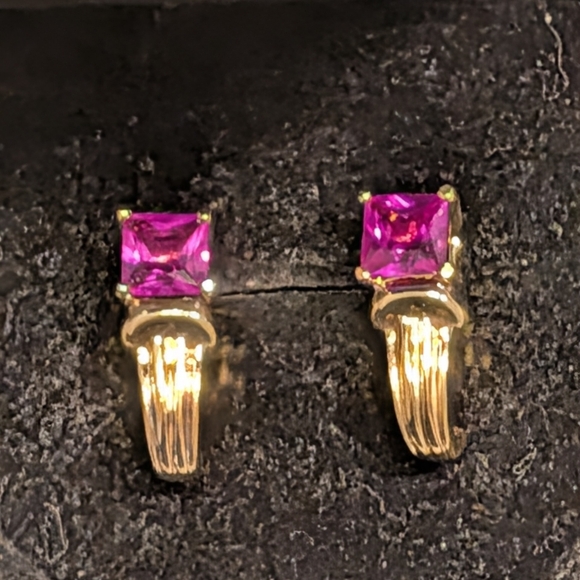 Vintage Sterling Silver 925 Gold Tone Pink Sapphire Earrings Ruby Earrings - Picture 5 of 12